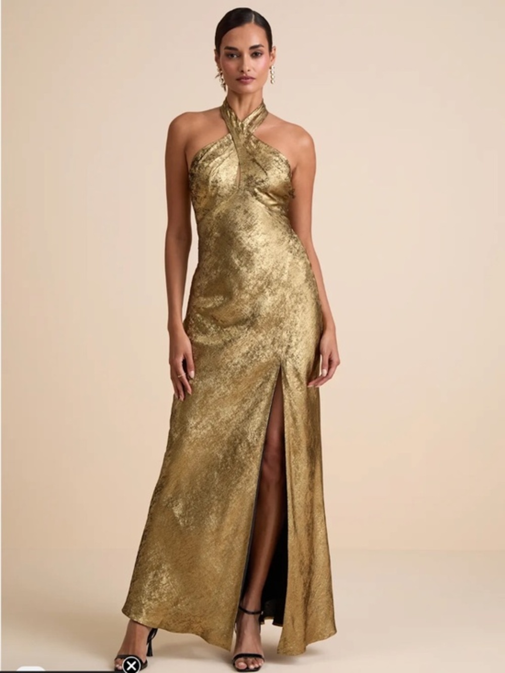 Lulu's Knoxley Gold Lame Cross Front Halter Gown Formal Long Dress